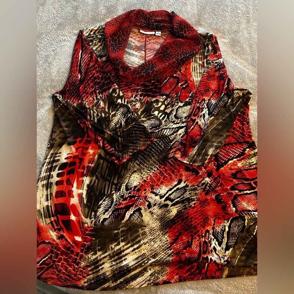 NWOT Susan Graver Red Animal Print Cowl Neck Tunic Top 1X - Picture 7 of 8
